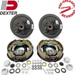 Pre-Greased Dexter 5 on 5" Hub-Drum with 10" x 2.25" Dexter electric trailer brakes.  For 3.5K axle, 5-4.5- BC, studded, 1/2"-20, 1.718" seal, greased with bearings, & E-Z Lube® Grease Caps. Includes Dexter K23-026-00 & K23-027-00 Electric trailer brakes. Only works on 3,500 lbs trailer axles with four-hole brake flange. Includes mounting hardware. These are fully assembled backing plates with shoes, springs, and magnets attached and ready to be mounted. The pair includes one left hand and one right hand brake assembly.