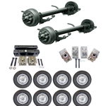 Two Dexter® 10,000 lbs. electric brake trailer axles with a 66" track and 38" spring centers, hangers, equalizers, u-bolts, hangers, and springs with eight ST23580R16E dual wheels and tires.