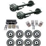 Two Dexter® 10,000 lbs. electric brake trailer axles with a 74" track and 47" spring centers, hangers, equalizers, u-bolts, hangers, and springs with eight 21575R17.5 dual wheels and tires.