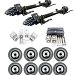 Two Dexter® 10,000 lbs. hydraulic disc brake trailer axles with a 74" track and 46" spring centers, hangers, equalizers, u-bolts, hangers, and springs with eight 23575R17.5 dual wheels and tires.