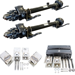 Two Dexter® 10,000 lbs. hydraulic disc brake axles with a 74" track and 46" spring centers, hangers, equalizers, u-bolts, hangers, and springs without wheels and tires.