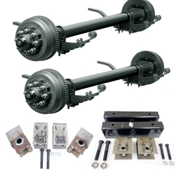 Two Dexter® 10,000 lbs. electric brake axles with a 74" track and 47" spring centers, hangers, equalizers, u-bolts, hangers, and springs without wheels and tires.