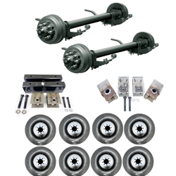 Two Dexter® 10,000 lbs. electric brake trailer axles with a 66" track and 38" spring centers, hangers, equalizers, u-bolts, hangers, and springs with eight 21575R17.5 dual wheels and tires.